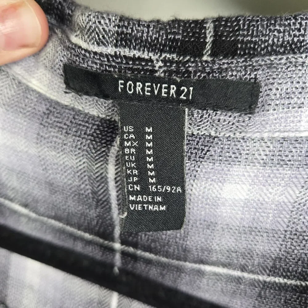 Forever 21 Plaid Button Up Blouse Womens Medium Roll Tab Sleeve